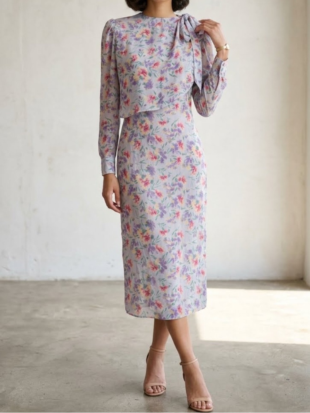 VINTAGE 90’s Floral Back Buttoned Midi Dress Long Sleeve Grannycore Size 6